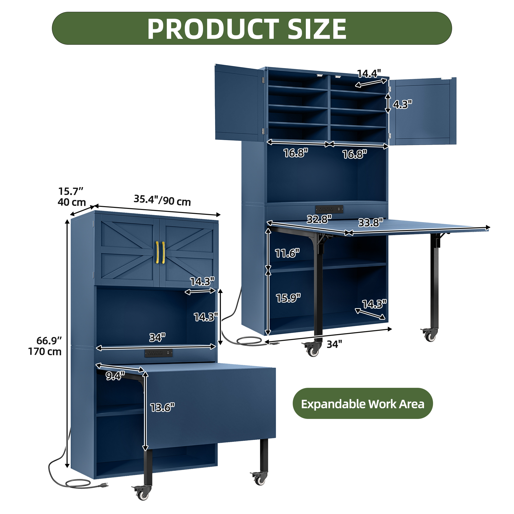 Uforic Foldable Sewing Machine Table & Desk w/ Craft Storage and USB Power Outlets - Blue