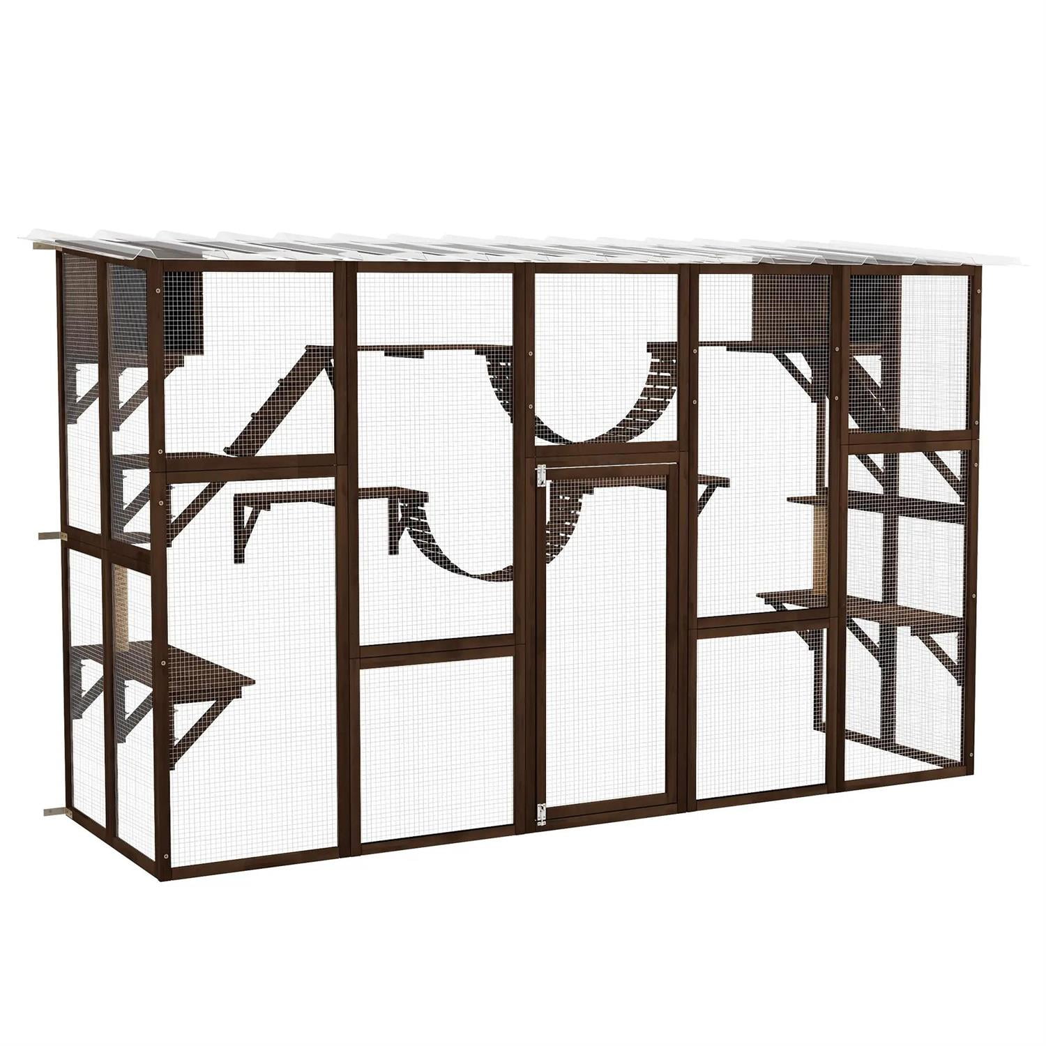 Pefilos 118" Outdoor Weatherproof Cat Cage with Shelves, Bridges, Wooden Catio House for 2-3 Kittens Cats, Indoor Cat Enclosure, Brown