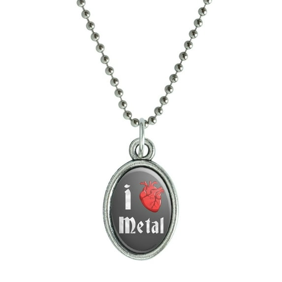 I Heart Metal Love Funny Humor Antiqued Oval Charm Pendant with Chain