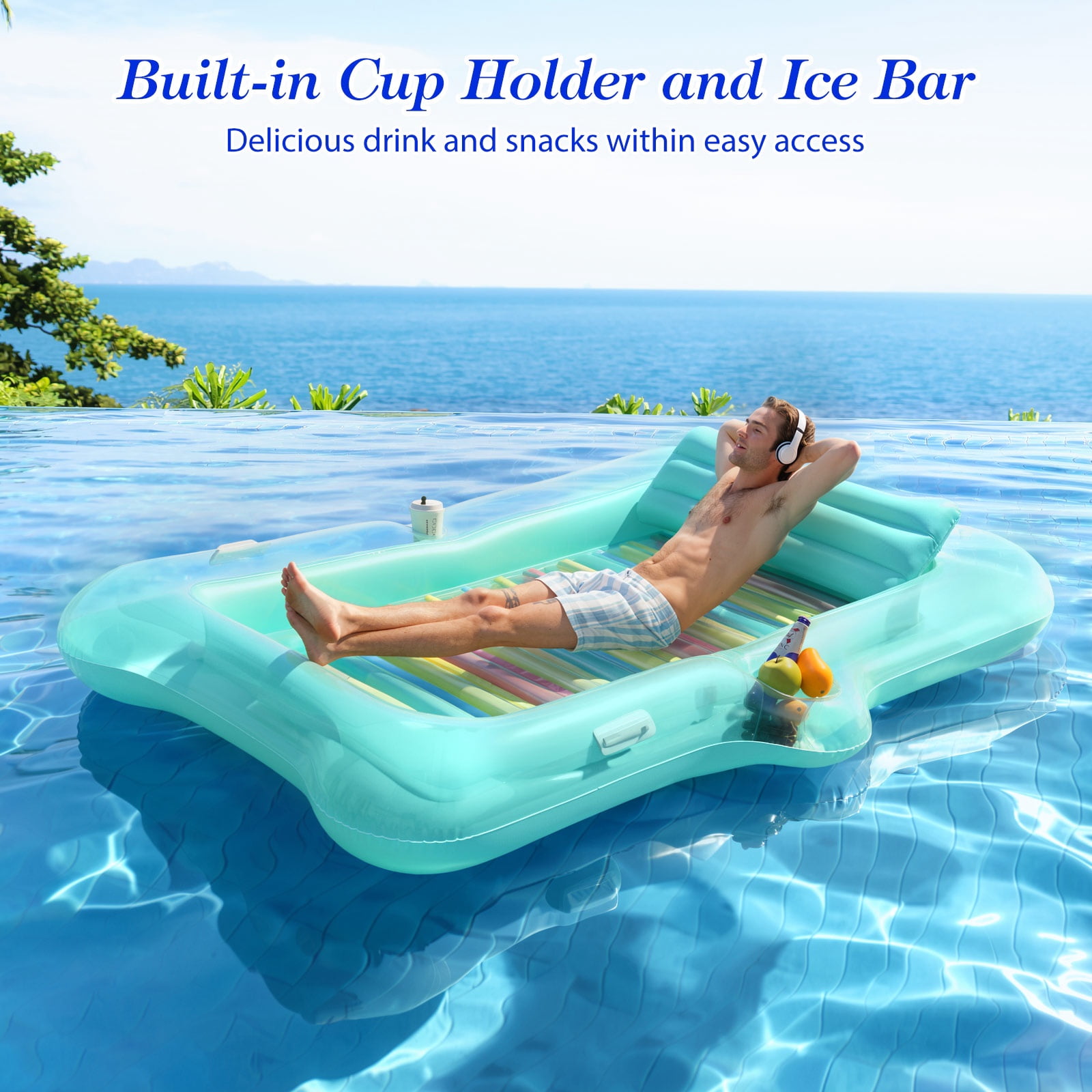 MoKo Inflatable Tanning Pool Lounger Float Adults, Large Pool Floaties Rafts for Adults with Headrest Drink Holder Sun Tanning Floats for Swimming Pool Lake River Beach Blow Up Floats, Mint Green