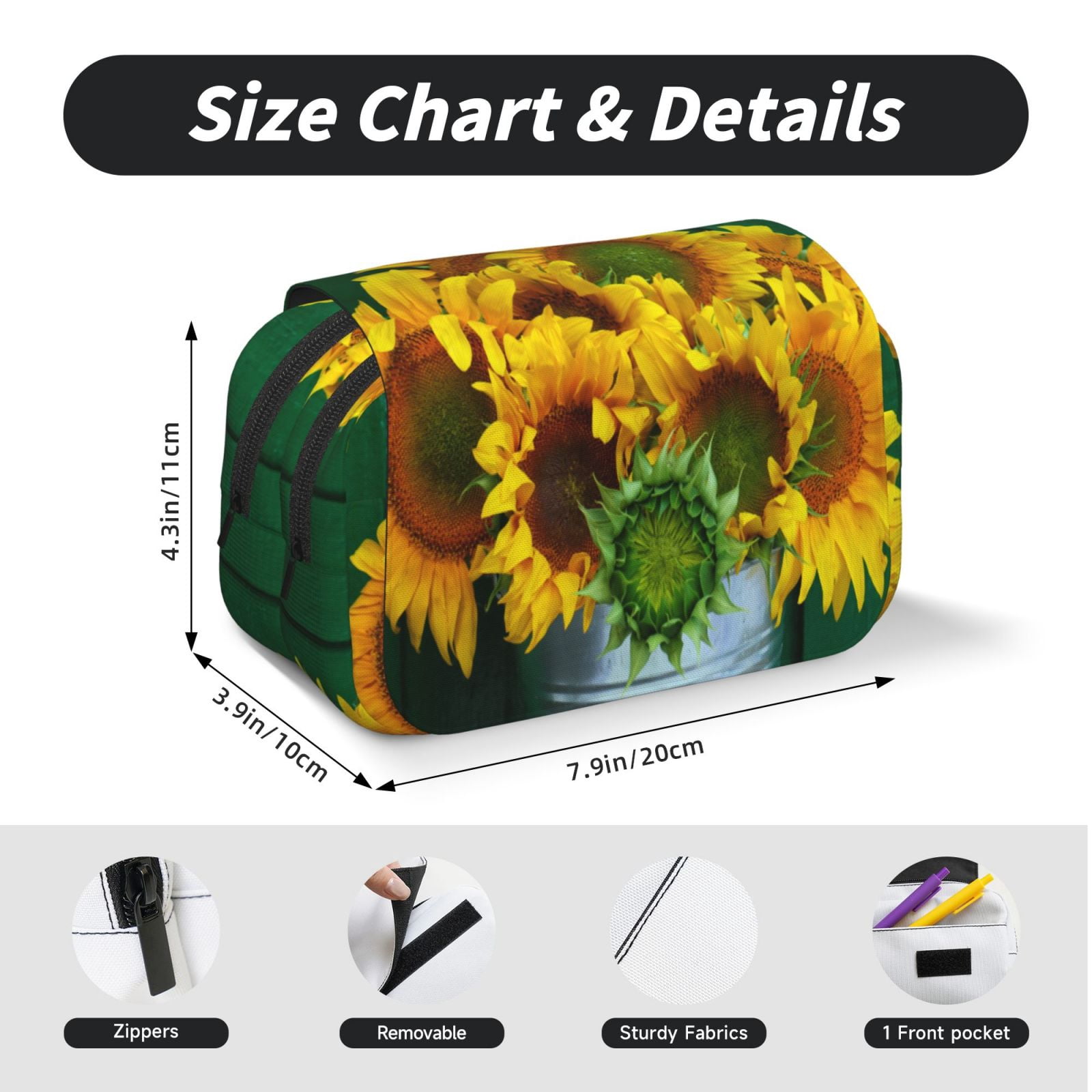 Rateoe Sunflowers in Bucket Pattern Double Clamshell Pen Case, Storage Organizer with Two Zipper Compartments– Holds Up to 50 Pencils & Pens