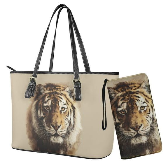ZUXONGSY Tiger Print 2 PCS Tote Bag Handbag with Wallet Set Pu Leather Hobo Shoulder Bag for Women Ladies 2 Pcs Top Handle Handbag Purse Clutch Shoulder Totes