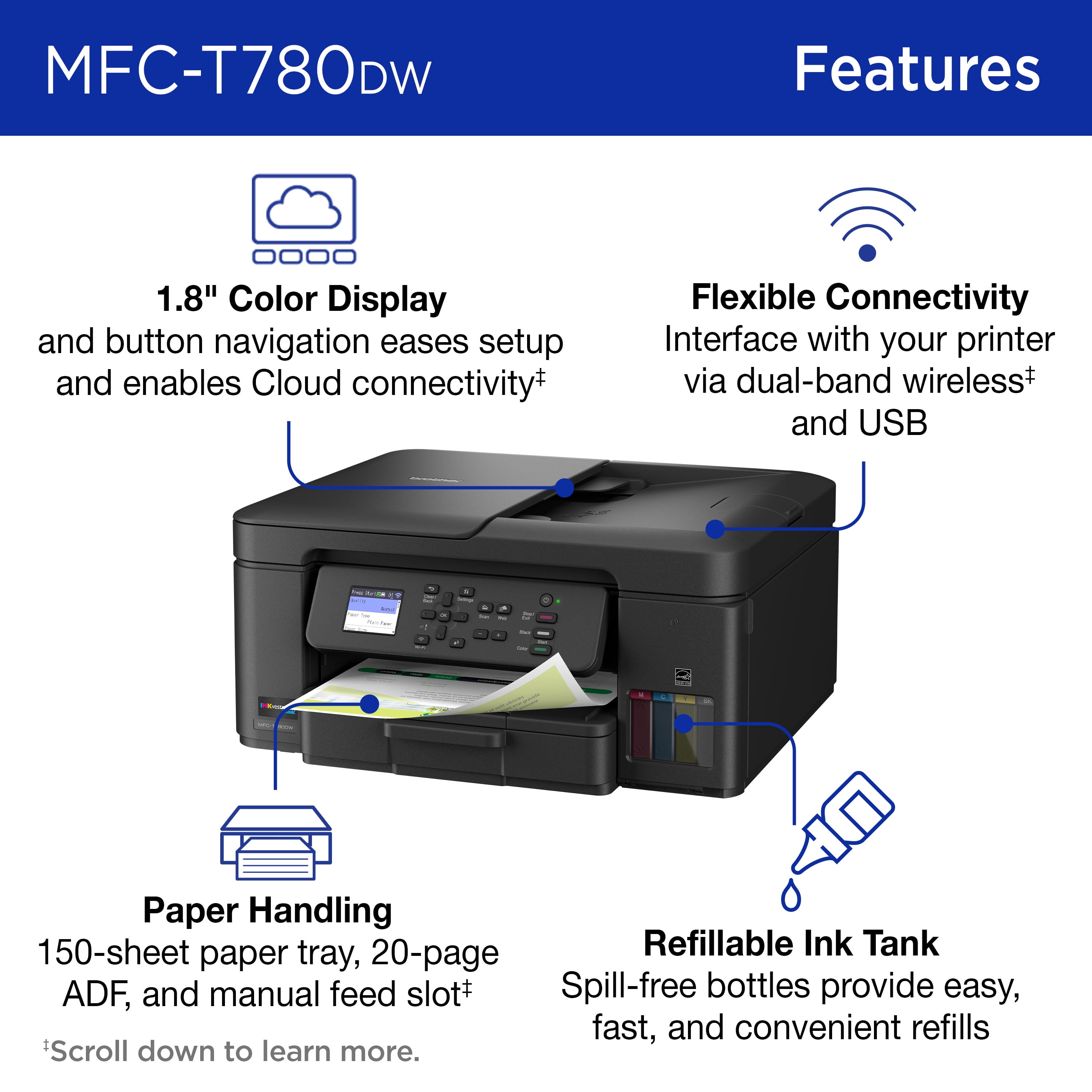 Brother INKvestment Tank 780 MFC-T780DW Wireless Color Inkjet All-in-One Printer with Duplex Printing and Up to 3 Years of Ink In-Box and a 3-year Limited Warranty