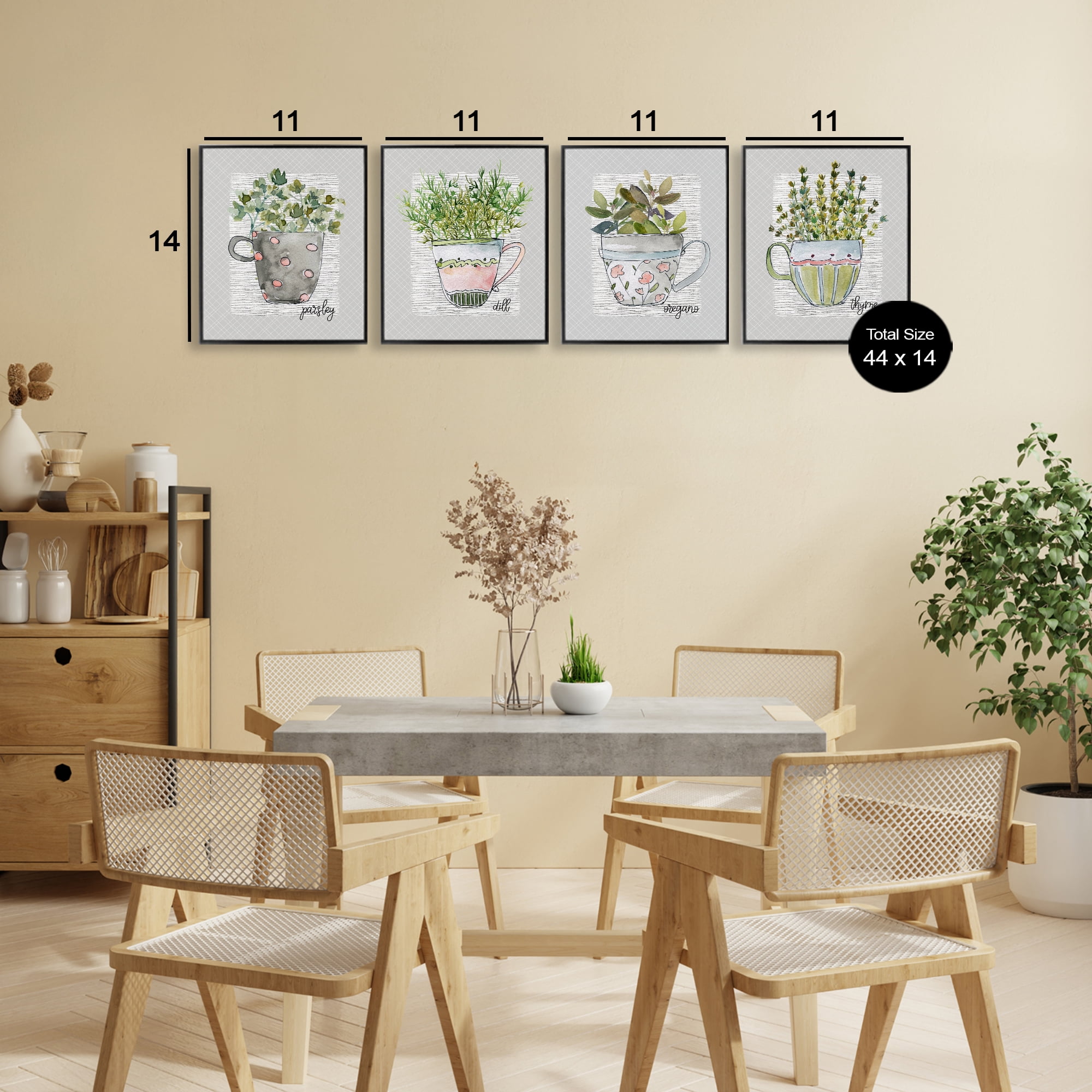 Stupell Industries Kitchen Herbs in Mugs 4 Piece Black Framed Giclee Art Set, design by Livi Finn