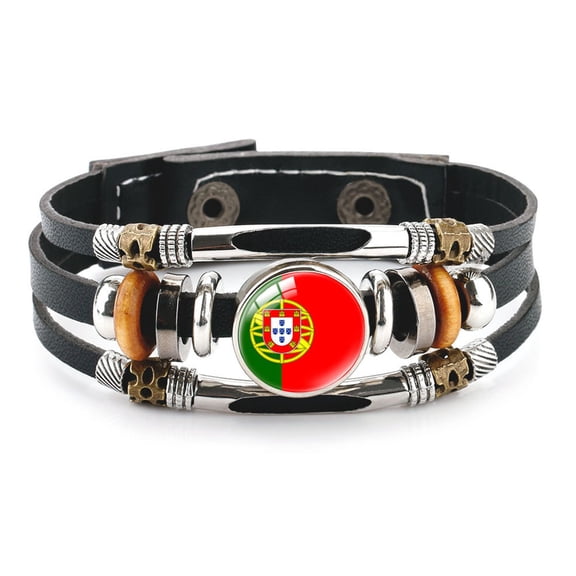 Uijokdef Country  Flag Leather Bracelet, Multi-Layer Black Cowhide Design, 7.87 Inches