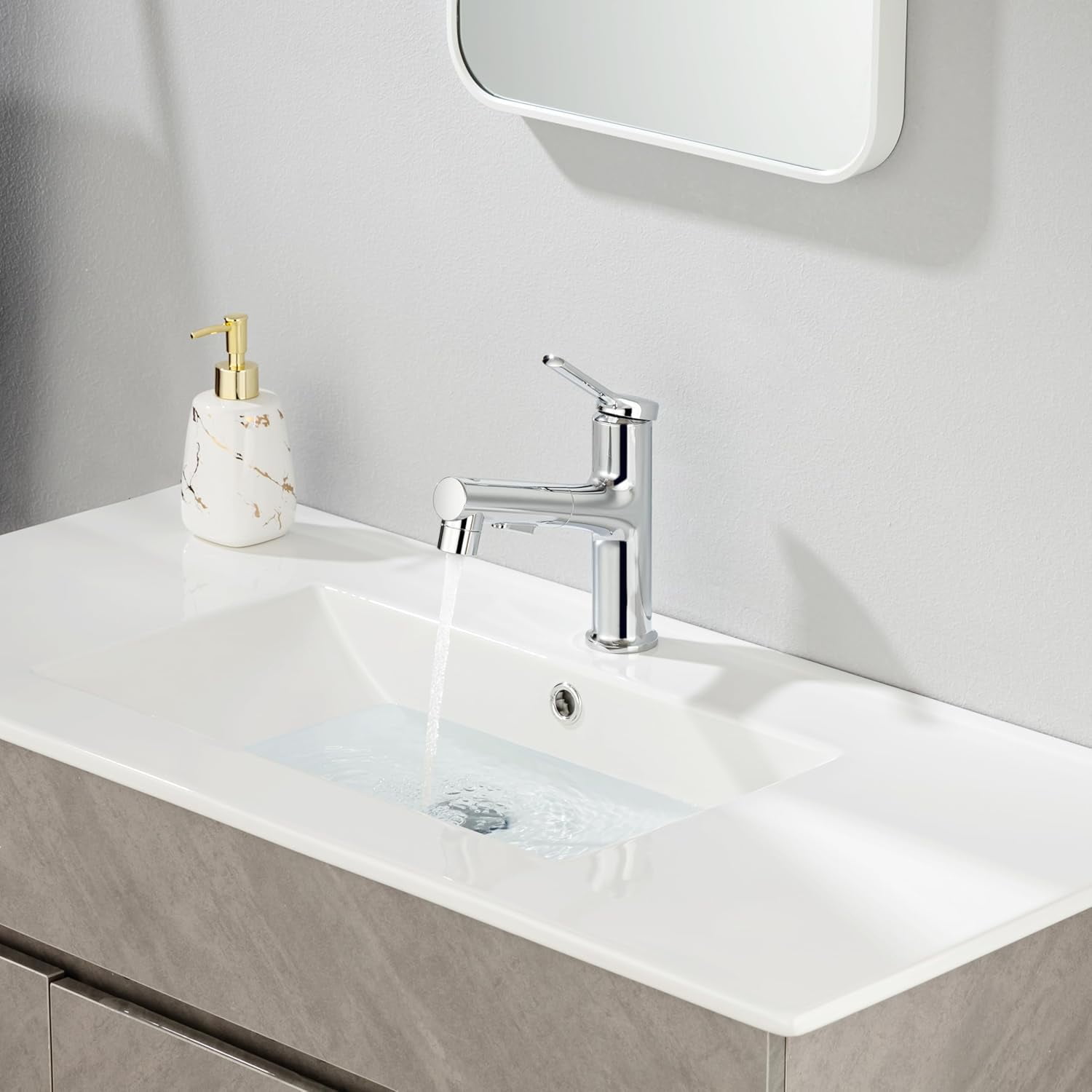 Single Hole Bathroom Faucet with Pull Out Sprayer, Dual Spray Modes, Solid Brass Polished Chrome Bathroom Faucet for Sink, Modern One Handle Bath Vanity Faucet with Face Basin Mixer Tap Visit The YI