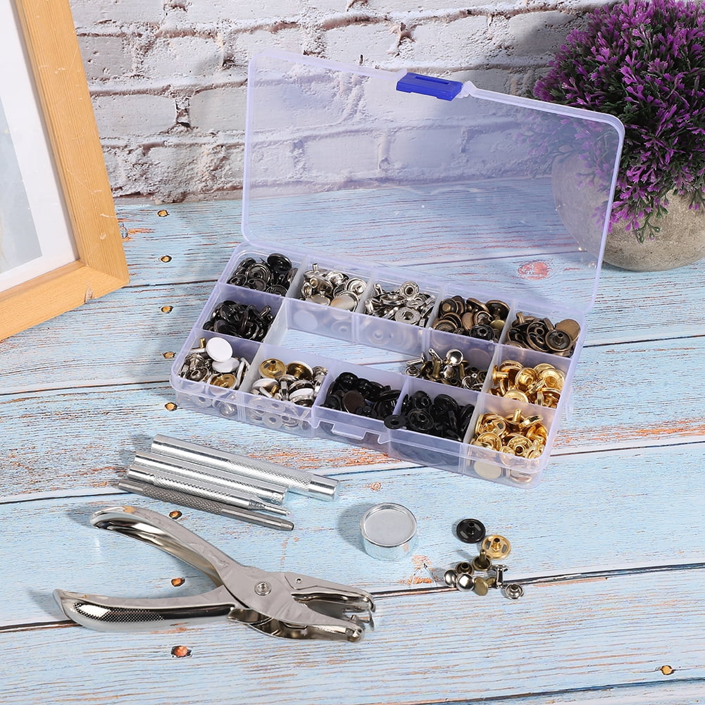 Rivet Snap Fastener Kit, 140 Set Rivet Buttons Press Studs Rapid Button Brass Metal Buttons Snap Fastener Kit with Installation Tools Punch Pliers 12.5mm for Clothes Jeans