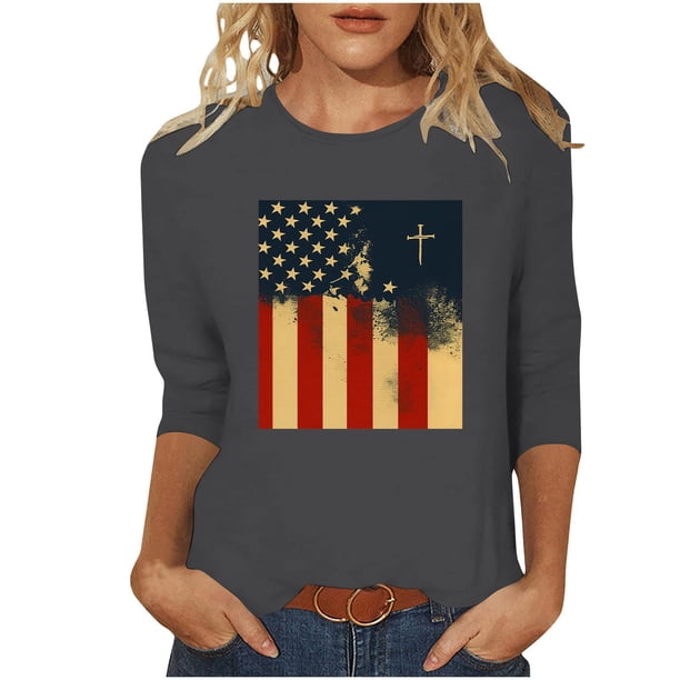 Mujeres Tres Cuartos de Manga Tops Impreso Cuello Redondo Blusa, 3/4 Manga Casual Camiseta para la Primavera