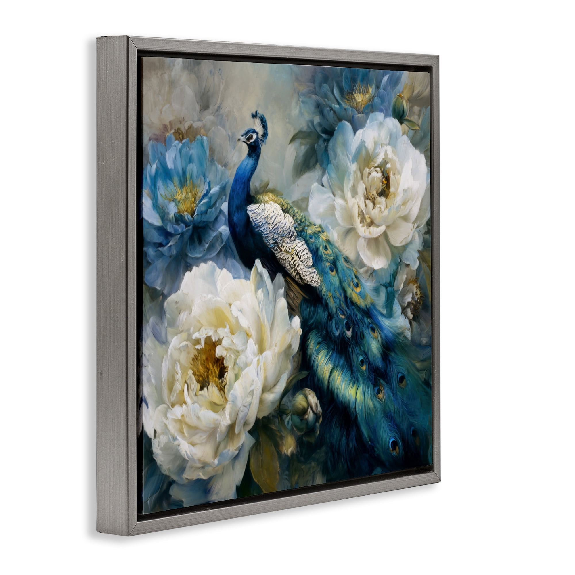 Stupell Industries Pretty Peacock with Roses Gray Framed Floater Canvas Wall Art, design by Tina LeCour