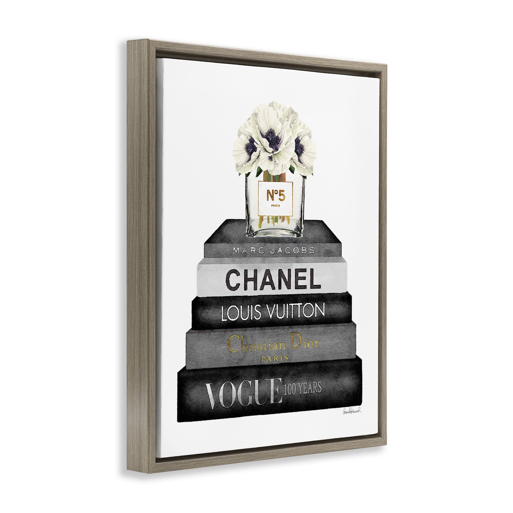 Stupell Industries Monochrome Fashion Designer Bookstack Beauty & Fashion Painting Brown Floater Framed Canvas Art Print Wall Art, 25 x 31