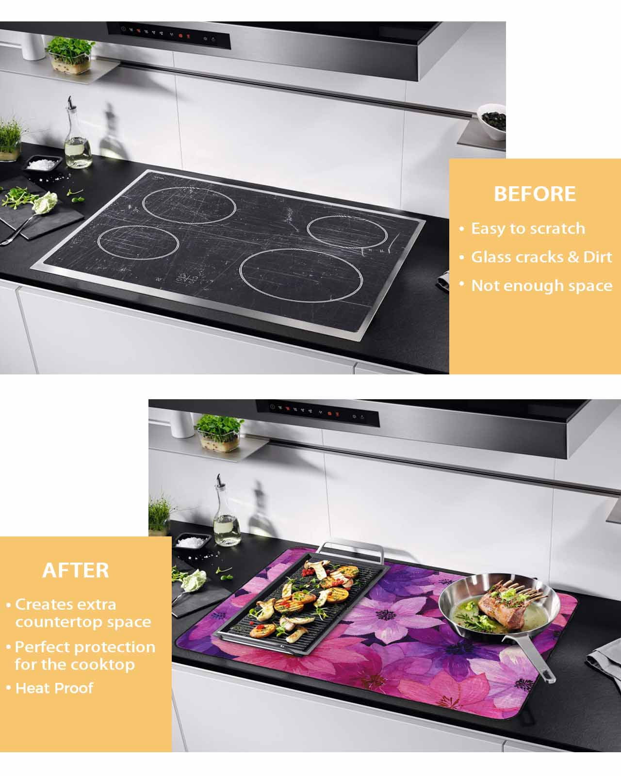 Large Induction Cooktop Protector Mat Watercolor Flowers Stove Top Covers for Electric Stove, Spring Floral Vintage Pink Purple Decorative Stove Burner Cover Mats, Glass Top Stove Cover