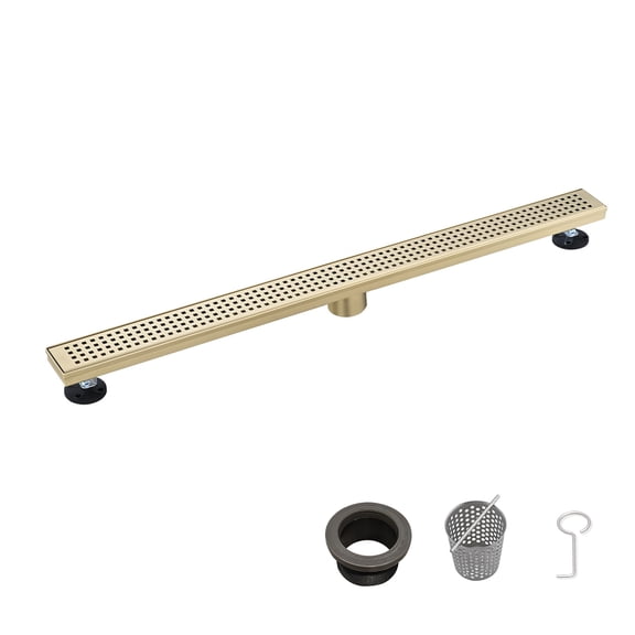 36 Inch Linear Shower Drain - Removable Square Patterned Grate 304 Stainless Steel with Hair Strainer & Leveling Feet  Brushed Gold