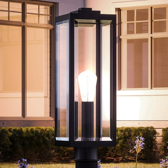Luxury Modern Farmhouse Outdoor Post Light, 20.50''H x 7.00''W, with Industrial Style Elements, Minimalist Design, Natural Black Finish and Clear Glass Panel With Beveled Edge, UQL1333