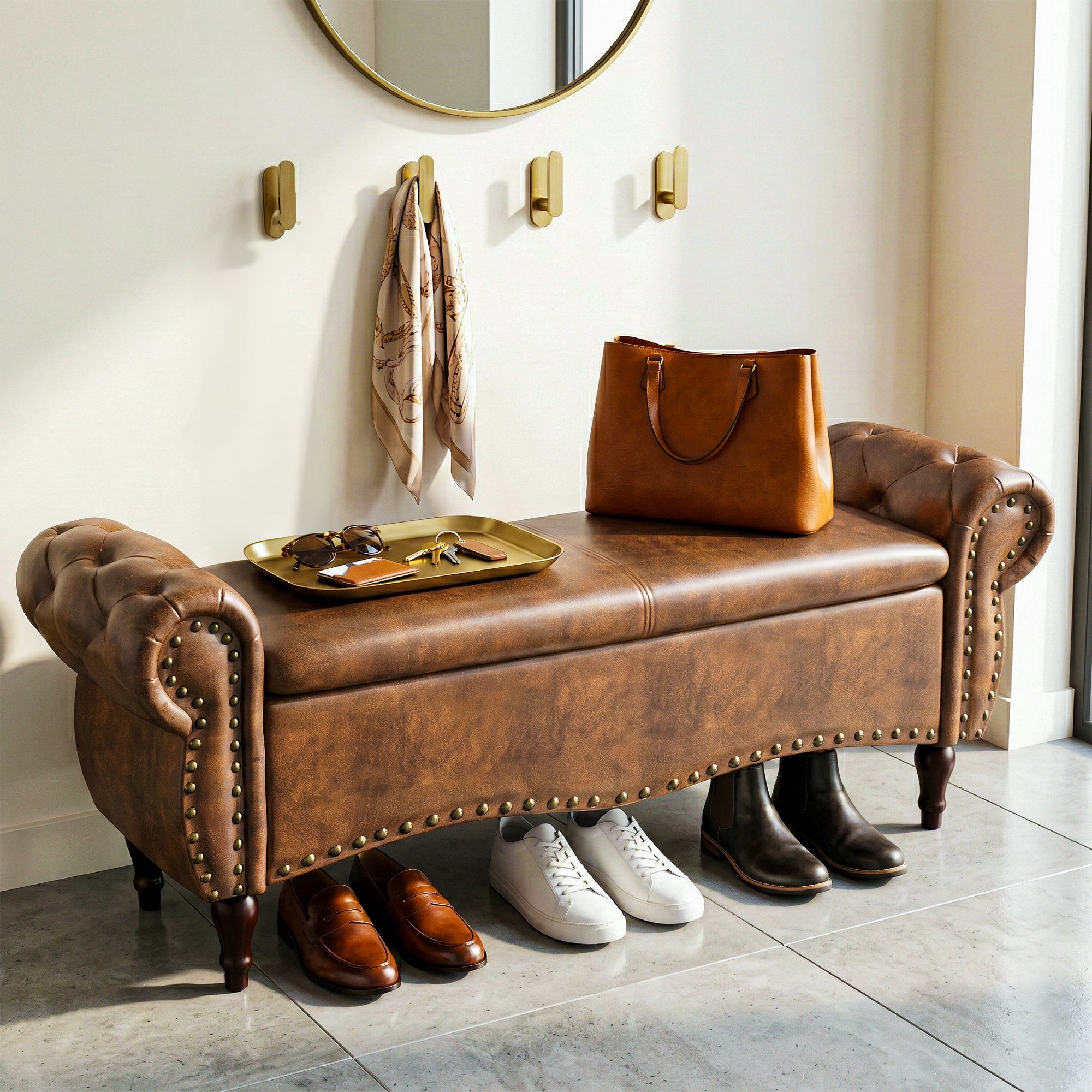 YIKEMA Upholstered PU Leather Rectangle Storage Ottoman Bench with Nailhead Trim, 51.5", Brown