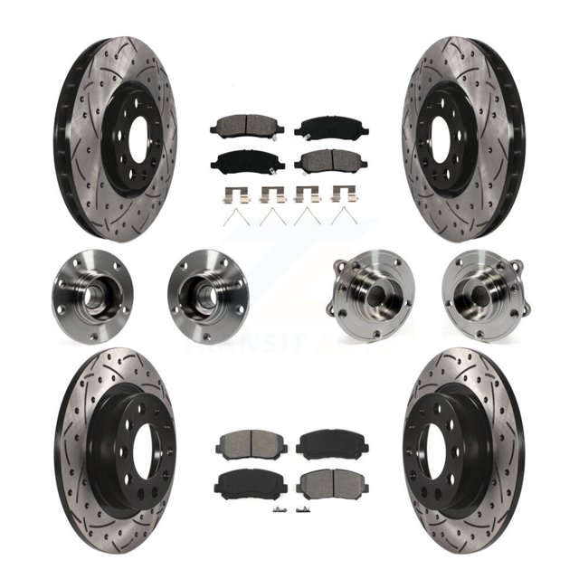 Transit Auto Front Rear Hub Bearings Assembly Coated Disc Brake Rotors and Semi-Metallic Pads Kit (10Pc) for Car 2013-2016 Dodge Dart - Left Right Side (Driver Passenger) KBB-111077