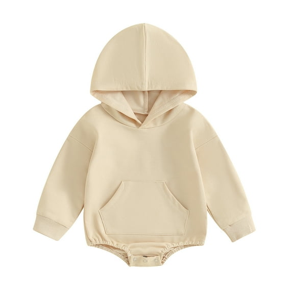 Tisuna Infant Boys Girls Romper Solid Color Long Sleeve Hooded Tops Classic Comfortable Autumn Winter Kids Bodysuit Beige Size 6-12 Months