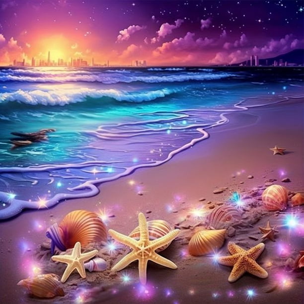 Lleno Diamantes Wdftyju Conchas Mar en La Playa Al Atardecer Serie Vida Marina Diamantes Redondos 40*40CM