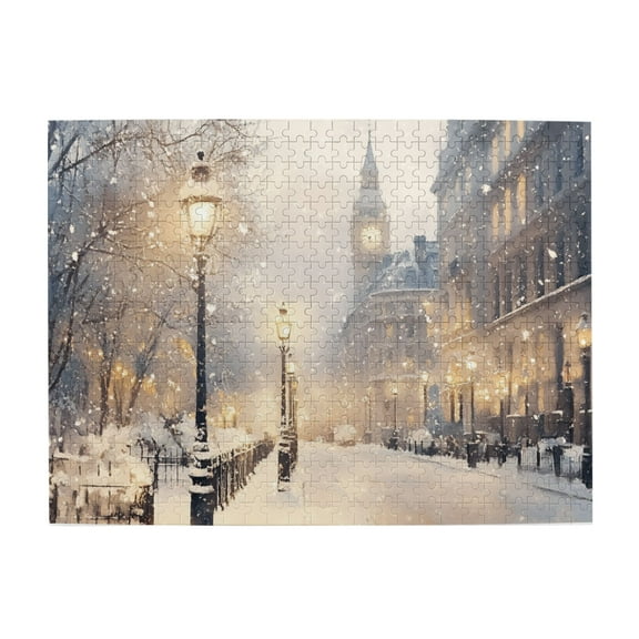 500 PCS Winter London Streets - 500 Piece Scenery Jigsaw Puzzles,Ideal For Relaxation And Family Fun,Oil Painting Style Wooden Puzzle For Adults,Every Piece Is Unique