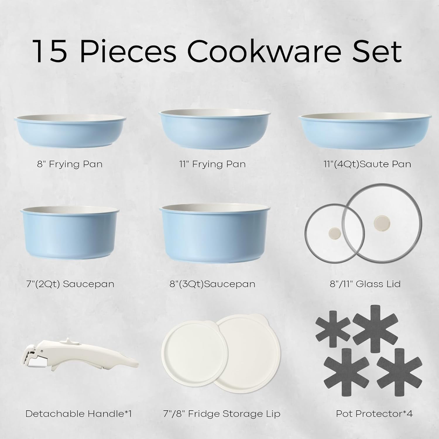 15-Piece Non-Stick Cookware Set with Detachable Handles, Blue Pots and Pans for RV Kitchen