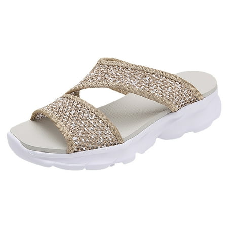 OJSFQUFP Womens Comfort Sandals Women Summer Mesh Beach Slip On Sport Hollow Casual Open Toe Flat Soft Bottom Breathable Shoes Sandals Slippers Womans Slippers Khaki 37
