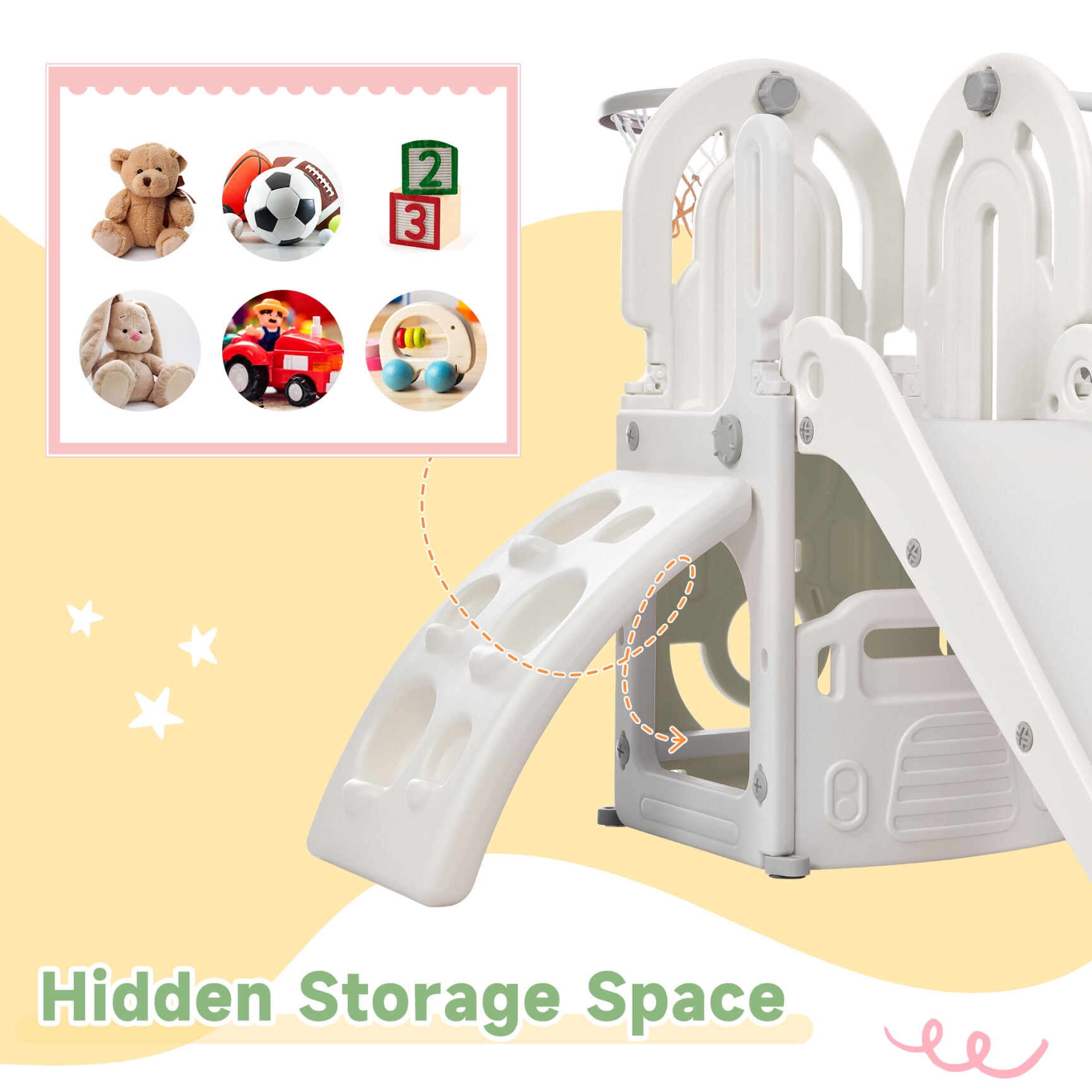 5 in 1 Toddler Swing Set, Kids Playground Climber Playset with Slide, Climbing Ramp, Basketball Hoop,and Hidden Toy Storage Space,Freestanding Combination for Babies Indoor&Outdoor,White