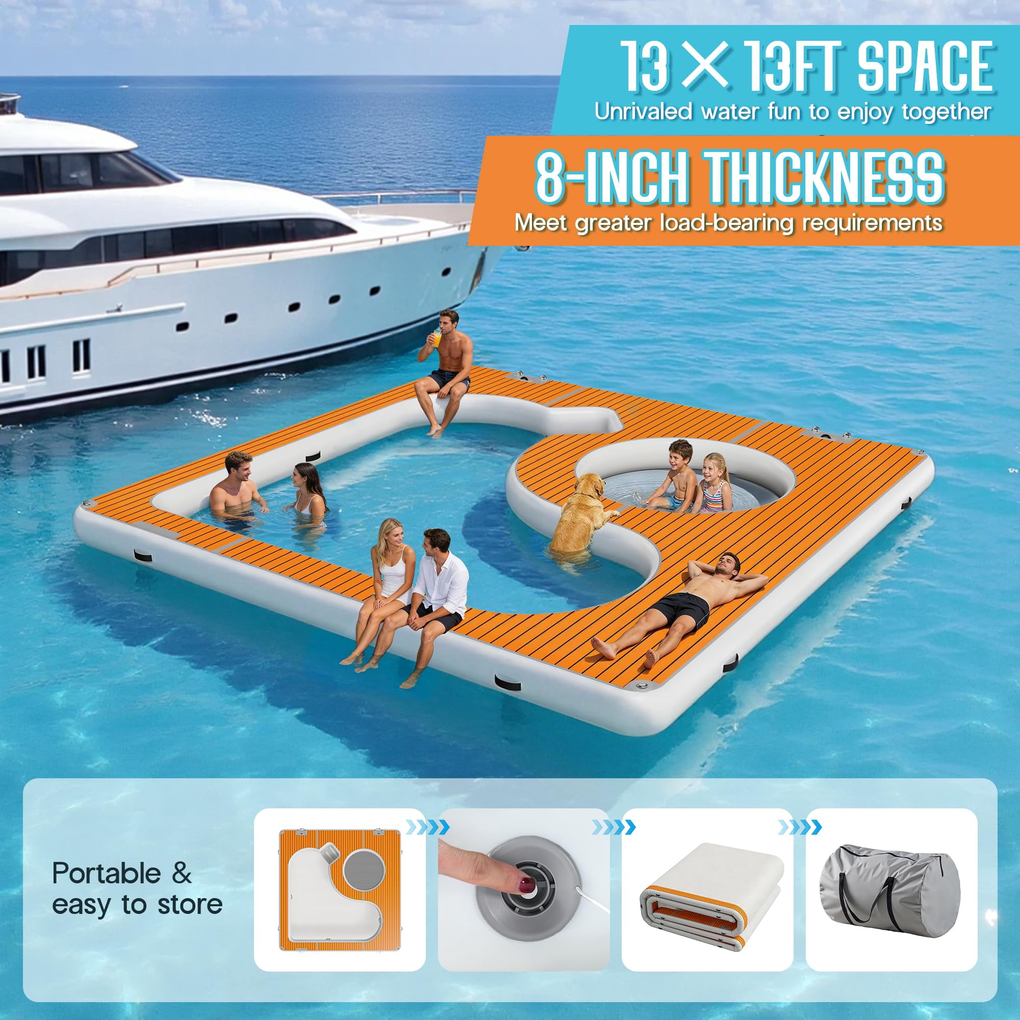 LUXOAK 13×13ft Inflatable Sea Pool, Swimming Pool Platform with Safety Net, Modular Swim Air Dock with Electric Air Pump for Ocean Party