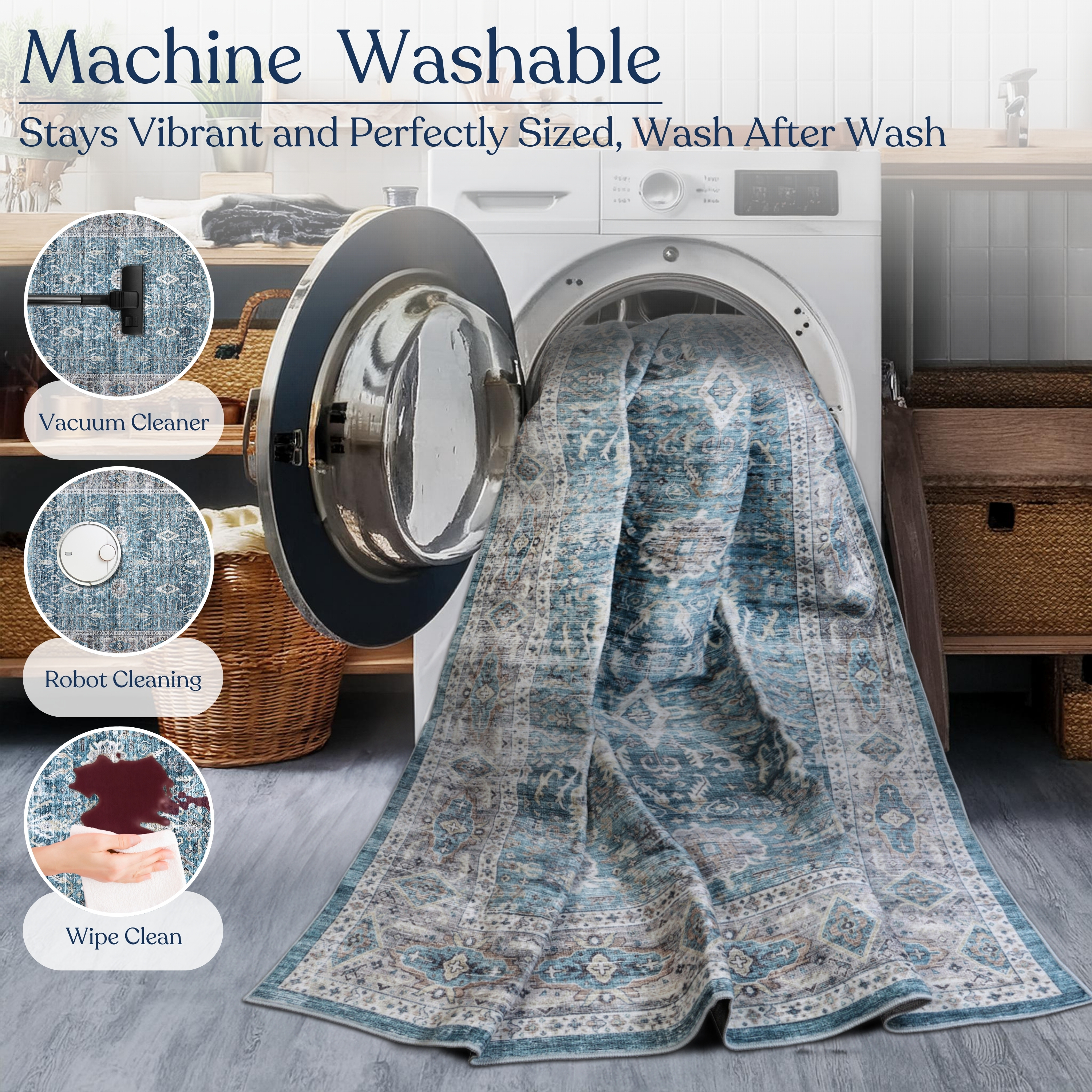 Delara 5'x7' Machine Washable Area Rug, Soft & Durable, Non-Slip, Stain Resistant, Azure Haven, for Bedroom, Living & Dining Room