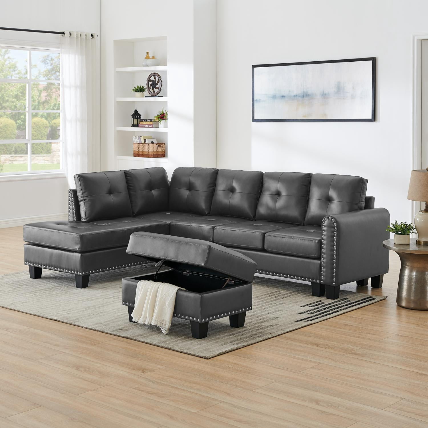 97" W L Shaped Sofa with Storage Ottoman,L Shaped Couch,Modern Sectional Sofa for Living Room,Bedroom,Office,Grey