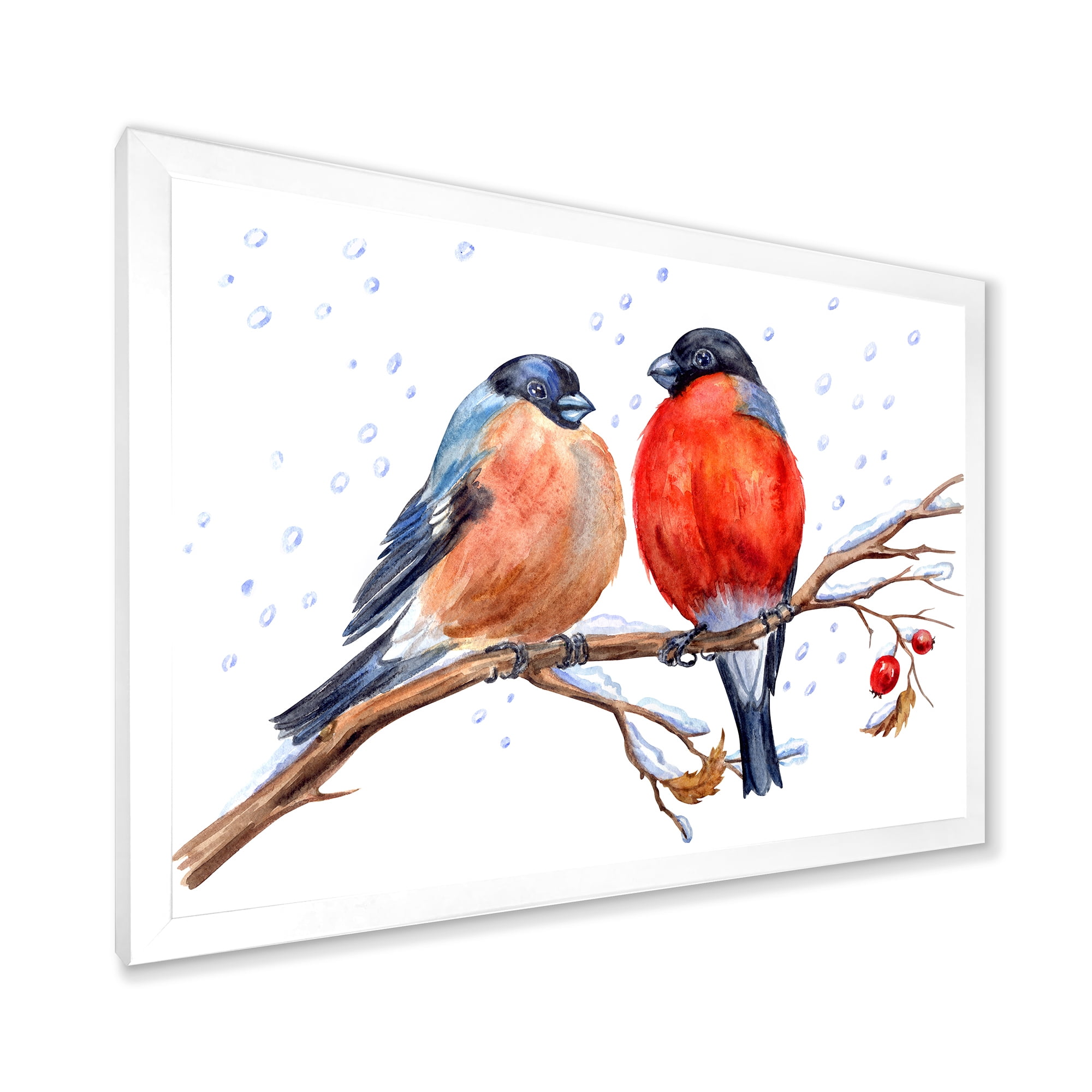 Designart 'Two Bullfinches On A Hawthorn Branch with Snowfall In Winter' Traditional Framed Art Print