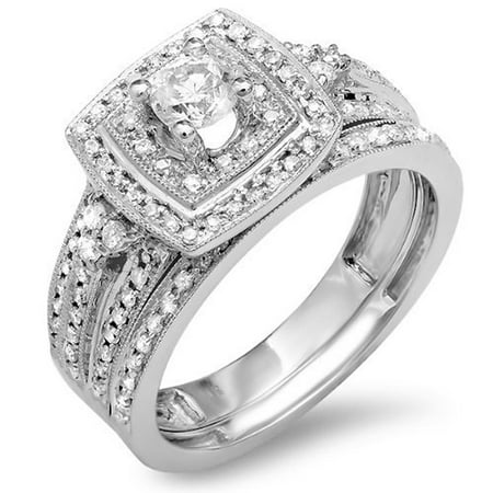 Dazzlingrock Collection 0.75 Carat (Ctw) 10k Round Diamond Bridal Engagement Ring Set Matching Band 3/4 CT, White Gold, Size 7.5
