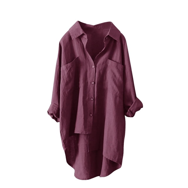Admvng Womens Shirts Linen Roll-Up Sleeve Button Irregular Tunic Blouse with Pockets S-5XL