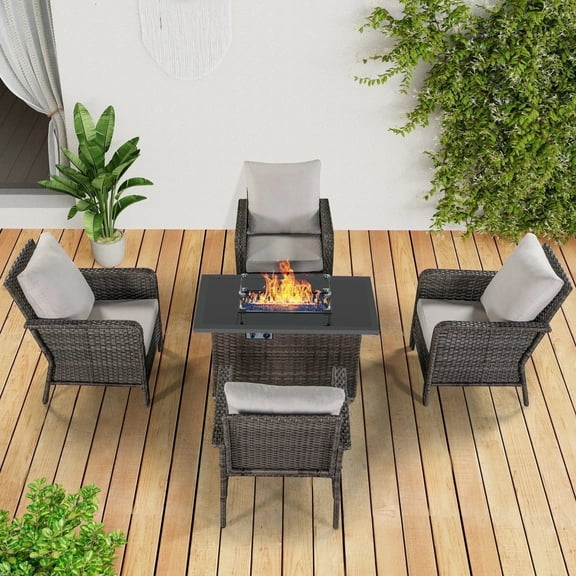Brafab 5 Pcs Outdoor Patio Furniture Set with22.8 High Back and 44" Gas Fire Pit Table, PE Wicker Patio Conversation Sets Cushioned Seat Couch Outdoor Sectional Chair Sofa Set for Yard Garden Porch