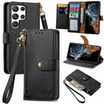 Wallet Case for Samsung Galaxy S22 Ultra Women Men, Durable PU Leather Magnetic Flip Lanyard Strap Wristlet Zipper Card Holder Kickstand Wallet Phone Case Cover Full Body Protection, Black