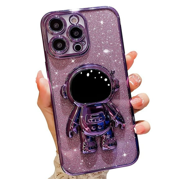 6D Bling Sparkle Astronaut Hidden Stand Case Cover for iPhone 14 Pro 6.1 inch,Astronaut Folding Kickstand iPhone Case with Camera Protector & Soft TPU & Shockproof Bumper,Purple