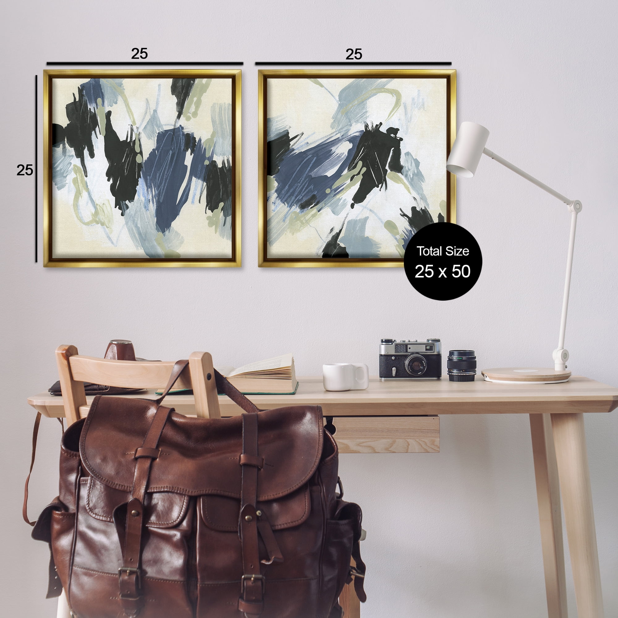 Stupell Industries Muted Blue Green Abstract Patches Abstract Painting Gold Floater Framed Canvas Art Print Wall Art, 25 x 25, Set of 2