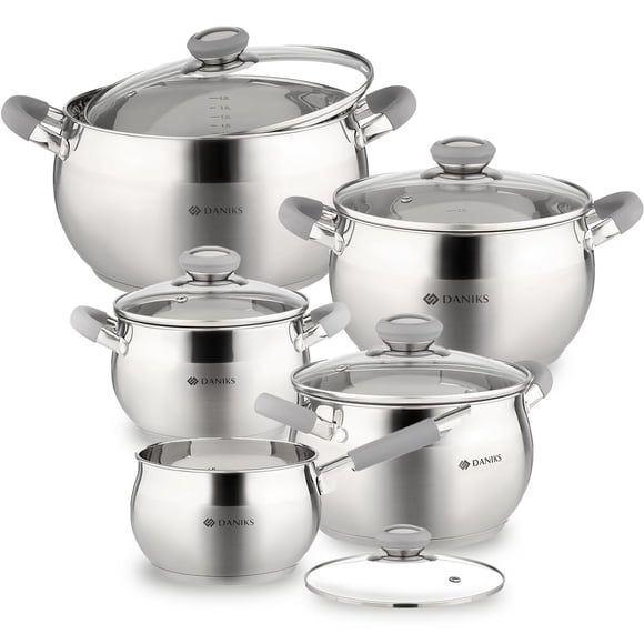 Juego de utensilios de cocina de inducción de cocina de acero inoxidable moderno Daniks | 10 piezas | Ollas aptas para lavavajillas | Cacerola + 2 cuartos + 3 cuartos + 4 cuartos + 6 cuartos | Asas re