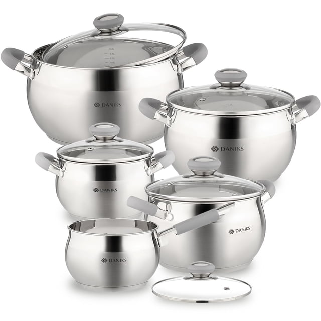 Juego de utensilios de cocina de inducción de cocina de acero inoxidable moderno Daniks | 10 piezas | Ollas aptas para lavavajillas | Cacerola + 2 cuartos + 3 cuartos + 4 cuartos + 6 cuartos | Asas re