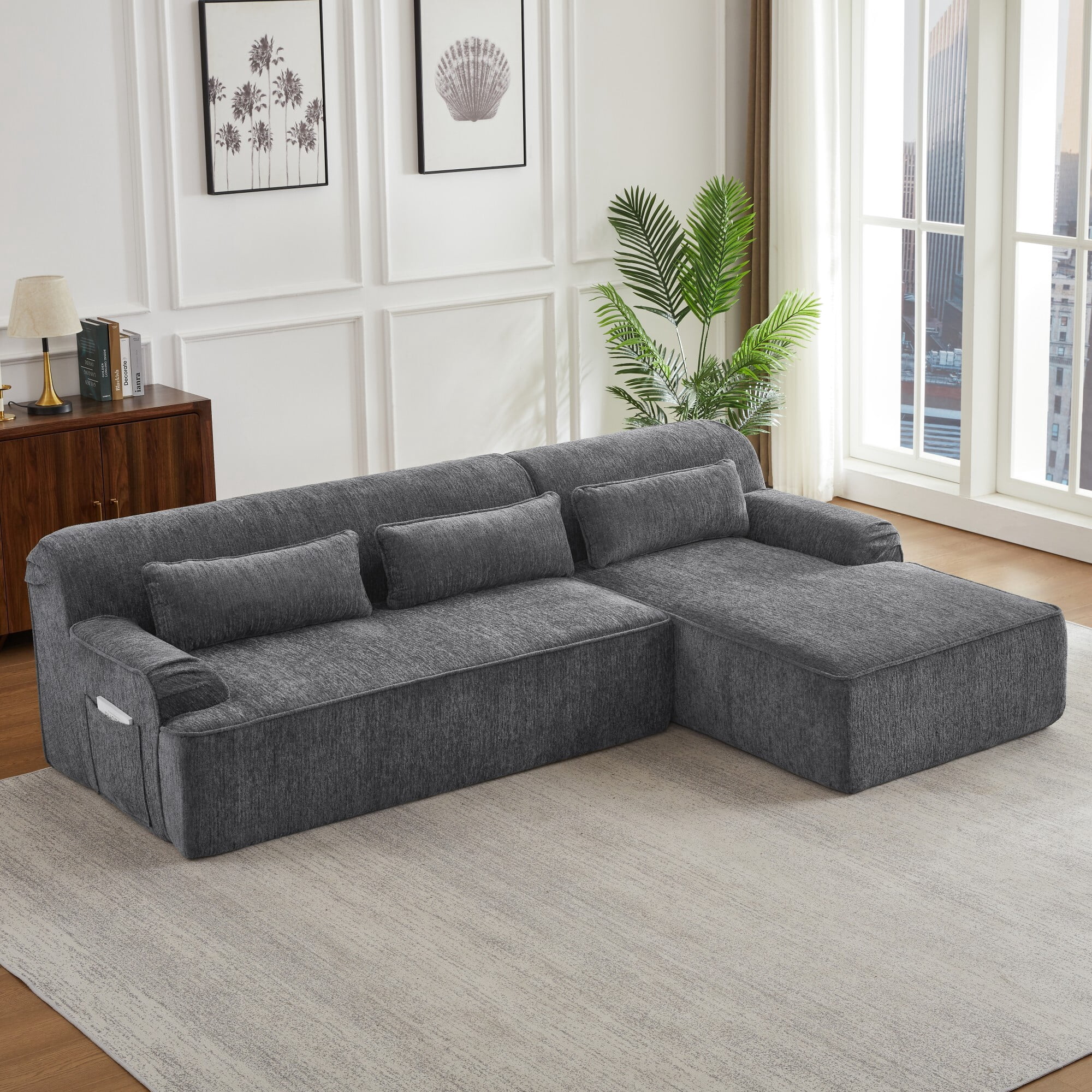 DEALTOPS Convertible L-Shaped Sectional Sofa with Right Chaise – Chenille & Foam Material, Storage Pockets, Gray
