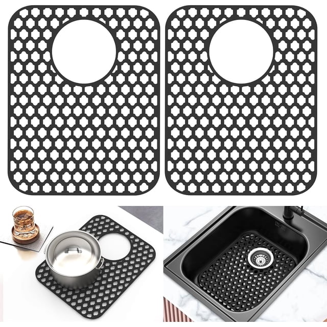 BEHOK 2 Pack Silicone Sink Protector for Kitchen Sink Bathroom Sink, 13.58"x 11.6" Sink Mat, Non-Slip and Durable Silicone Sink Protectors, Rear Drain (Black)