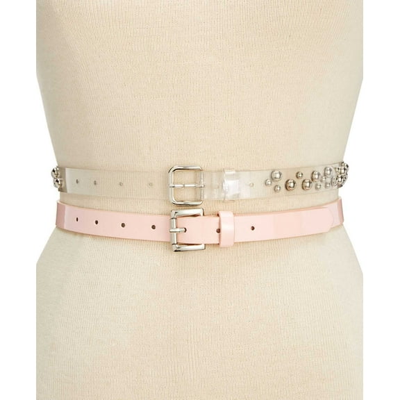 Steve Madden Women’s 2-for-1 Studded Patent Belt, Pastel Pink/Clear, Large