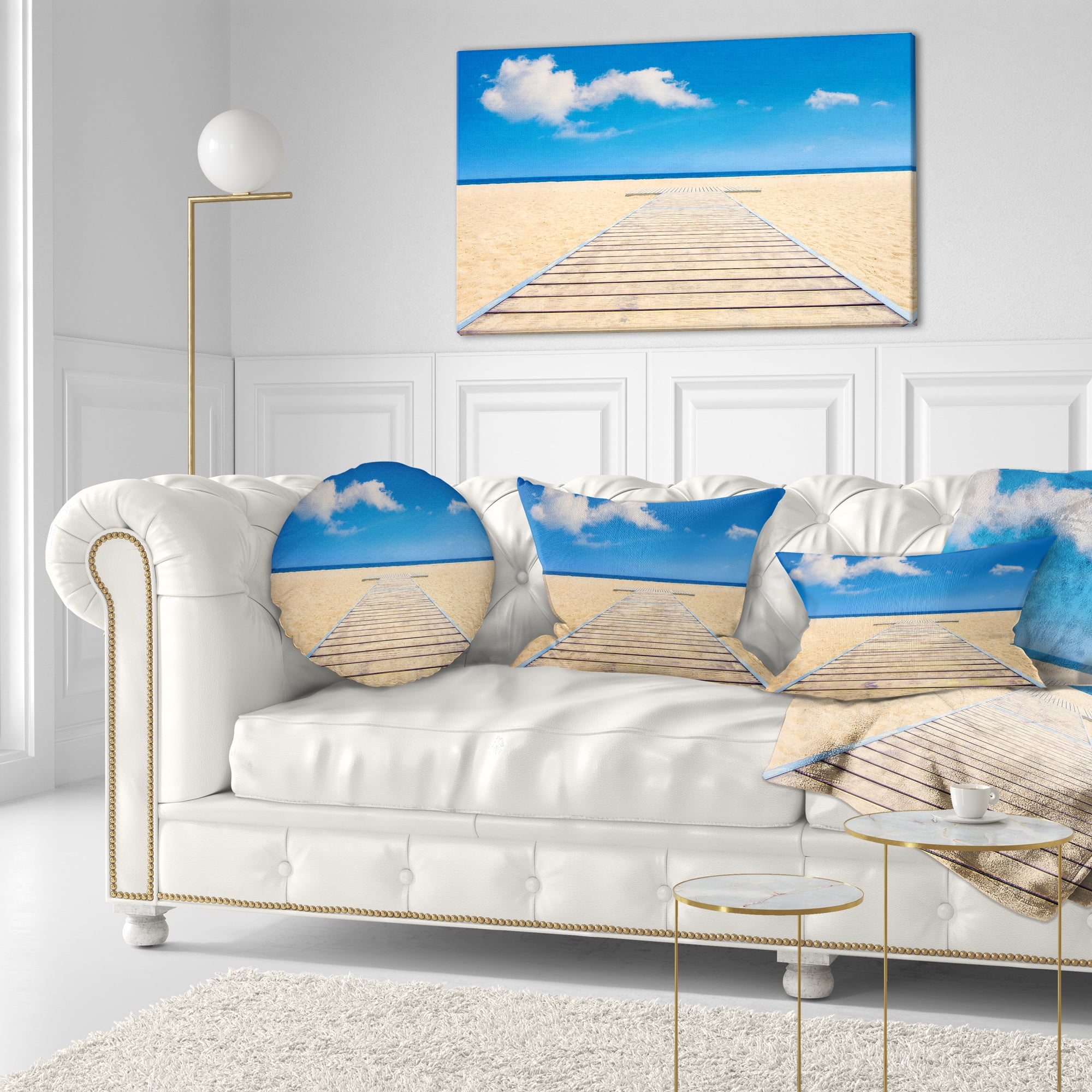 Designart Beach and Sea with Wooden Floor - Blue - Seashore Throw Pillow - 12x20