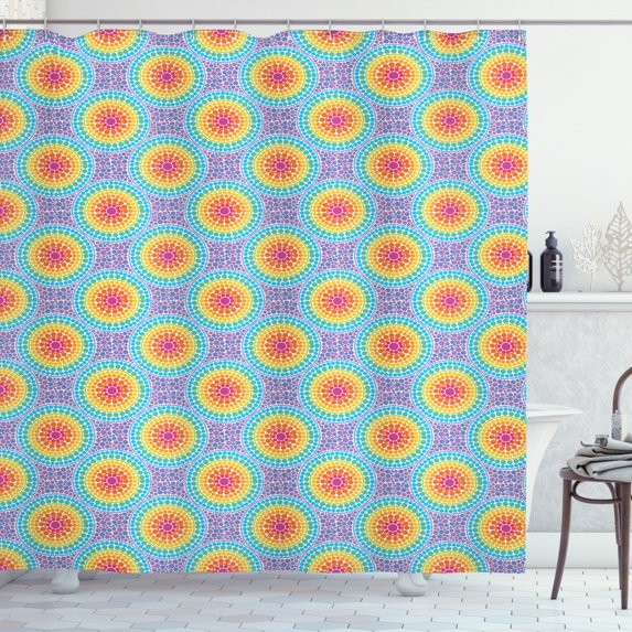 Geometric Shower Curtain, Rainbow Colors of Repeating Concentric Circles in Dot Art Style Illustration, Fabric Bathroom Set with Hooks, 69W X 84L Inches Extra Long, Multicolor, by Ambesonne