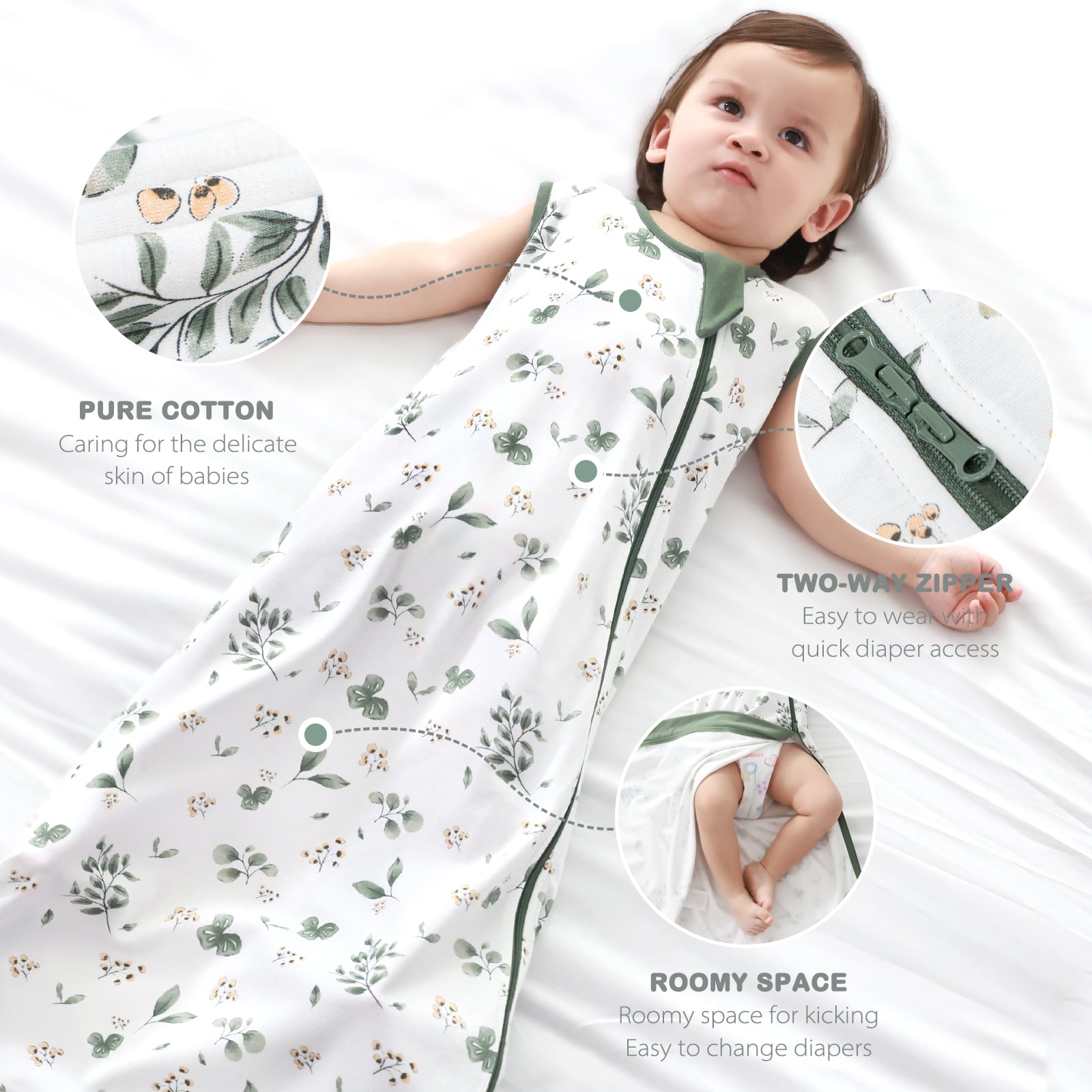 2Pcs Mosebears 0.5 Tog Baby Sleeping Bag - Cotton Summer Sleep Sack for Newborns, Boys & Girls(Animal&Plant,S(0-6 Months))