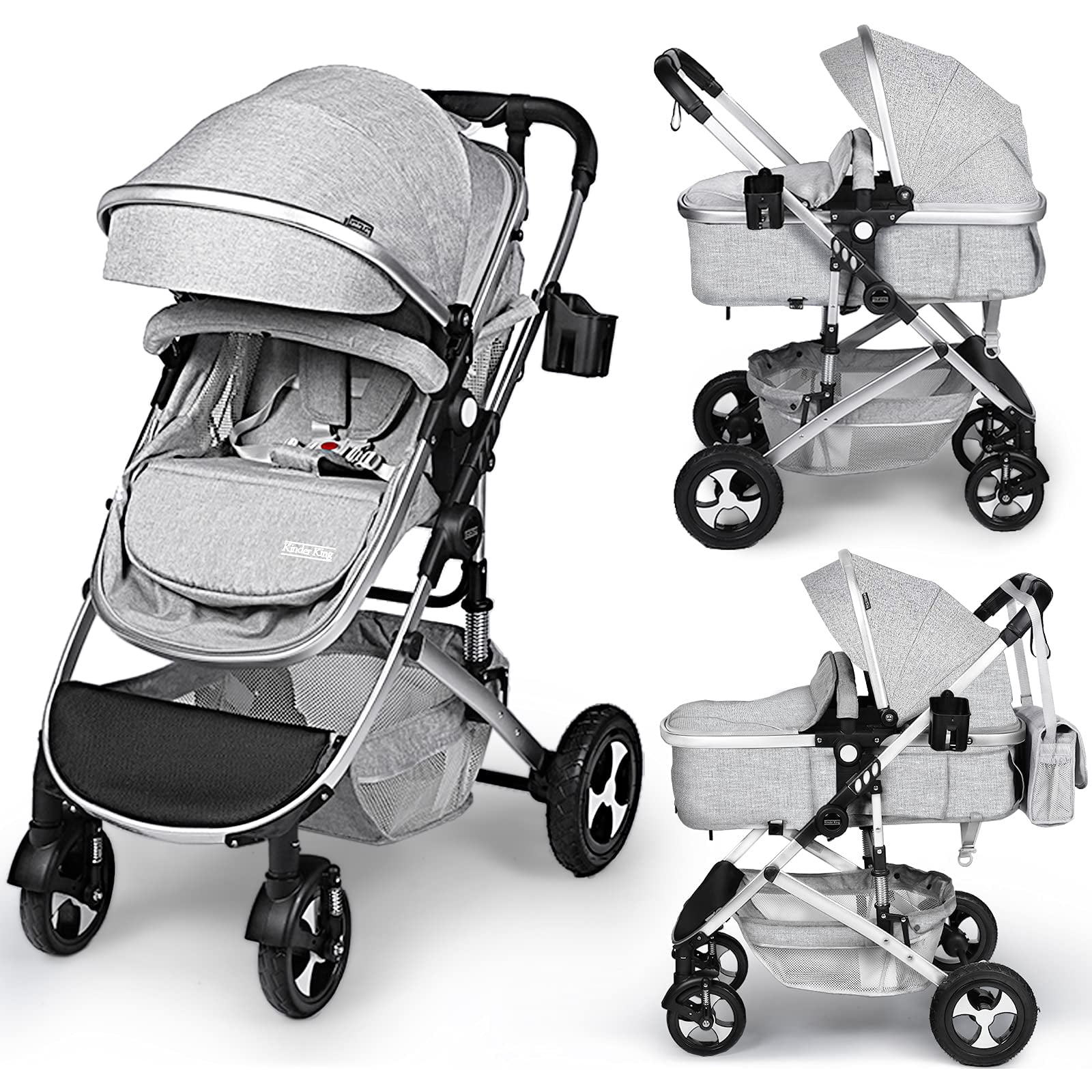 Kinder King 2 in 1 Convertible Baby Stroller Folding Infant Newborn Reversible Bassinet Pram, Light Grey