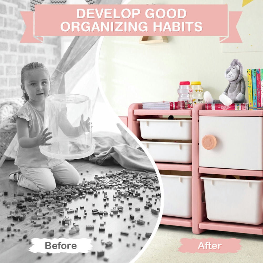 Spaco Toddler Truck Storage Organizer with Plastic Bins-Pink, Toy Organizer for Kids, Boys, Girls, Nursery