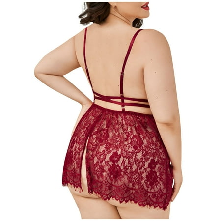

YDKZYMD Women 2 Pieces Teddy Lingerie Bodysuit Set Lace Plus Size Sheer Underwear Chemise With Strappy Sexy Babydoll Bra And Panty Set