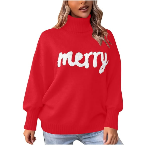Merry Sweater Women Christmas Knitted Turtleneck Sweaters Funny Holiday Xmas Long Sleeve Graphic Pullover Tops Red, M