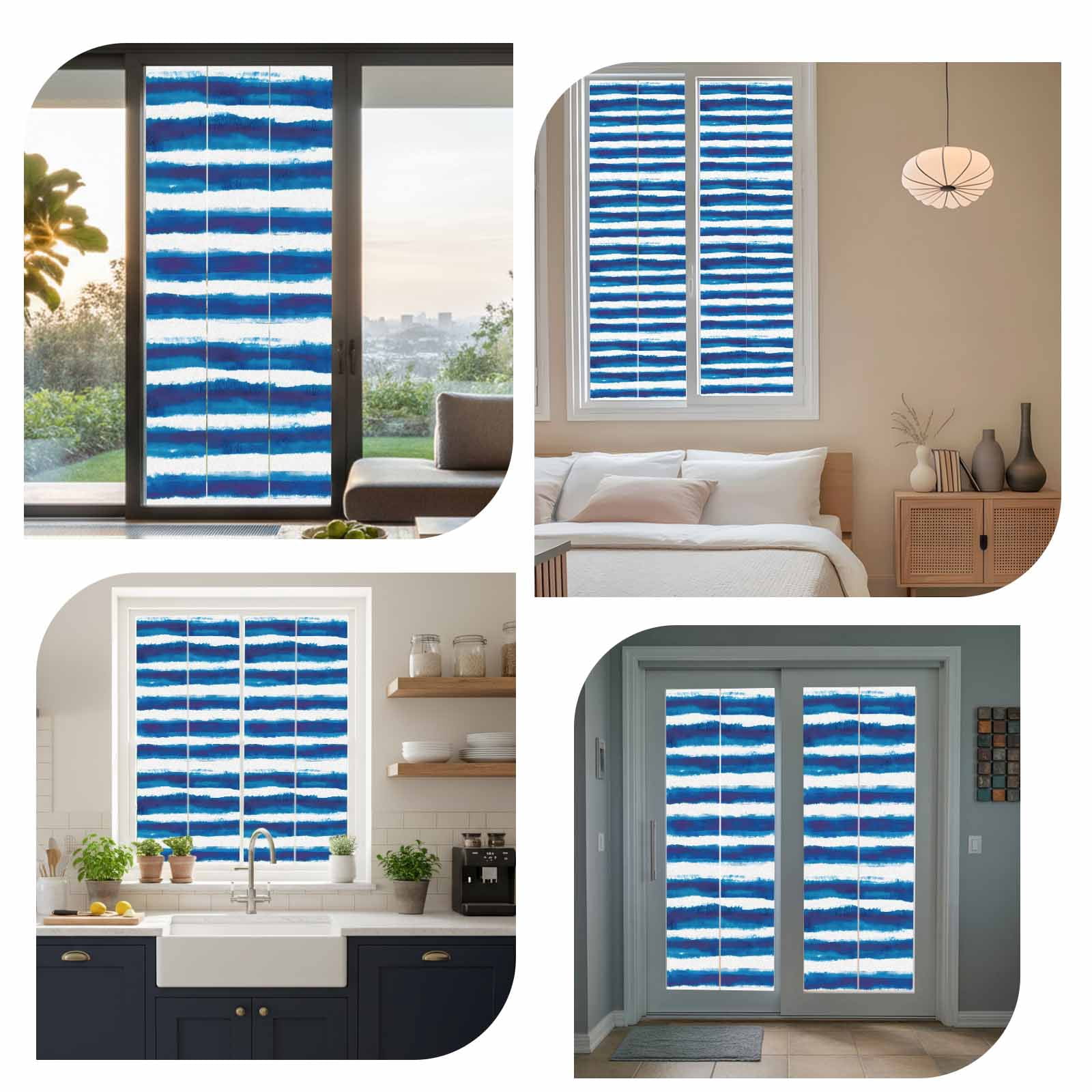 Blue Ombre Window Privacy Film, Stripe Abstract Mottled Texture Stripe Frosted Glass Window Clings Static Cling UV Heat Blocking Reusable Door Sticker for Bathroom 23.6 x 59 Inch