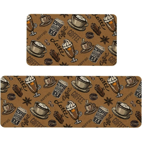 Coffee Kitchen Mat Set of 2 Pain Relief Padded Kitchen Mats Non Slip Kitchen Runner Rug Throw RugsFloor Mats for in Front of Sink- 47" X 17" and 30" X 17" Inch