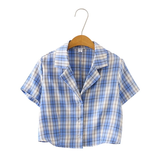 Camisa de mujer Summer Plaid Manga corta Botón Chaqueta Coat para niñas, Azul kenally AP001451-07B